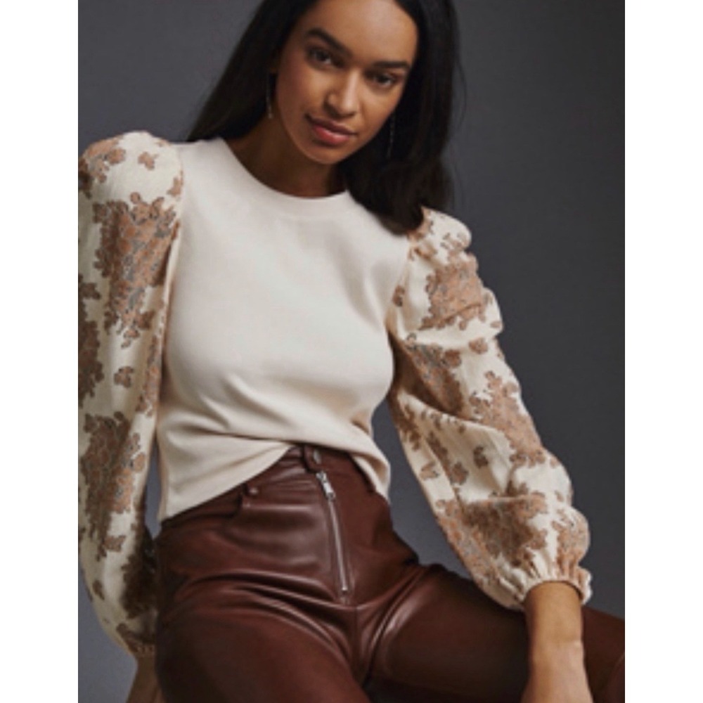 Anthropologie DOLAN Lace Puff-Sleeve Top Cream Size XS LS Coquette Romantic Boho